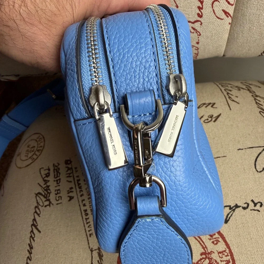 Michael Kors Jet Set Pebbled Leather Double Zip Camera Crossbody Bag Blue